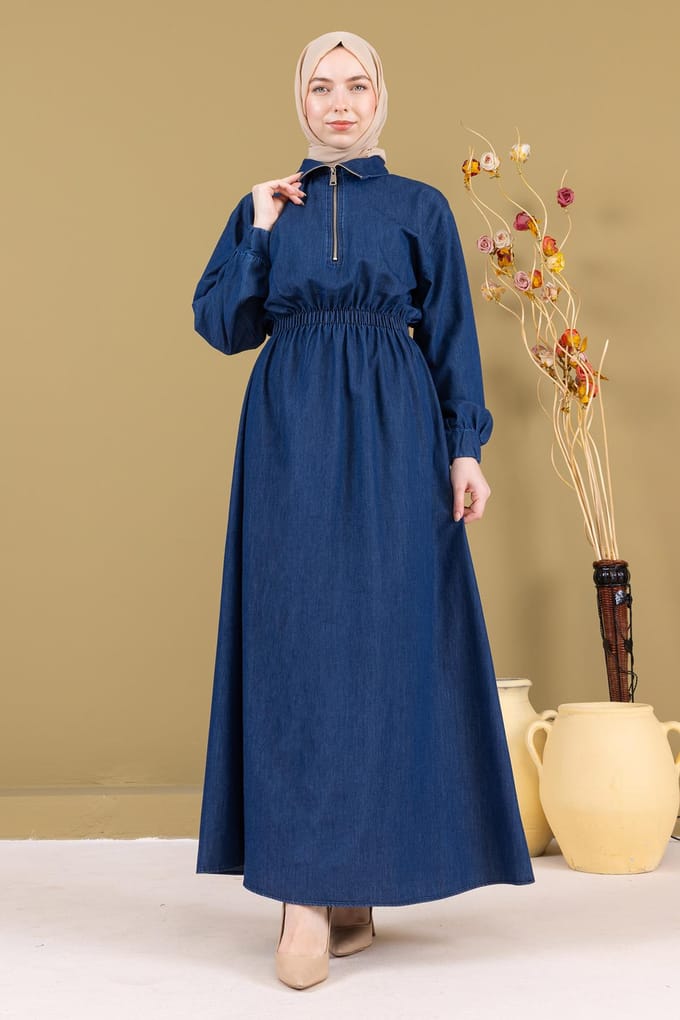 Met rits Elastische taille Denim Jurk Donkerblauw