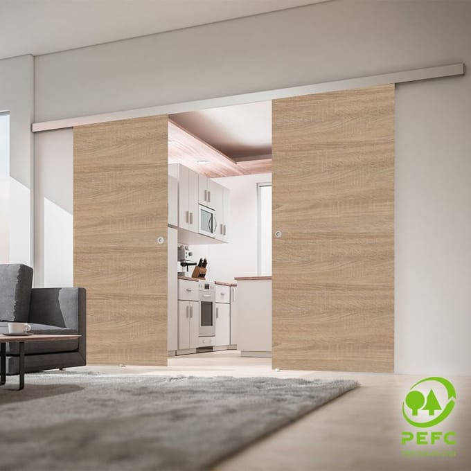 Schulte complete glazen dubbele schuifdeur - 176x203 - eiken decor -rond handgreep-dubbele softclose