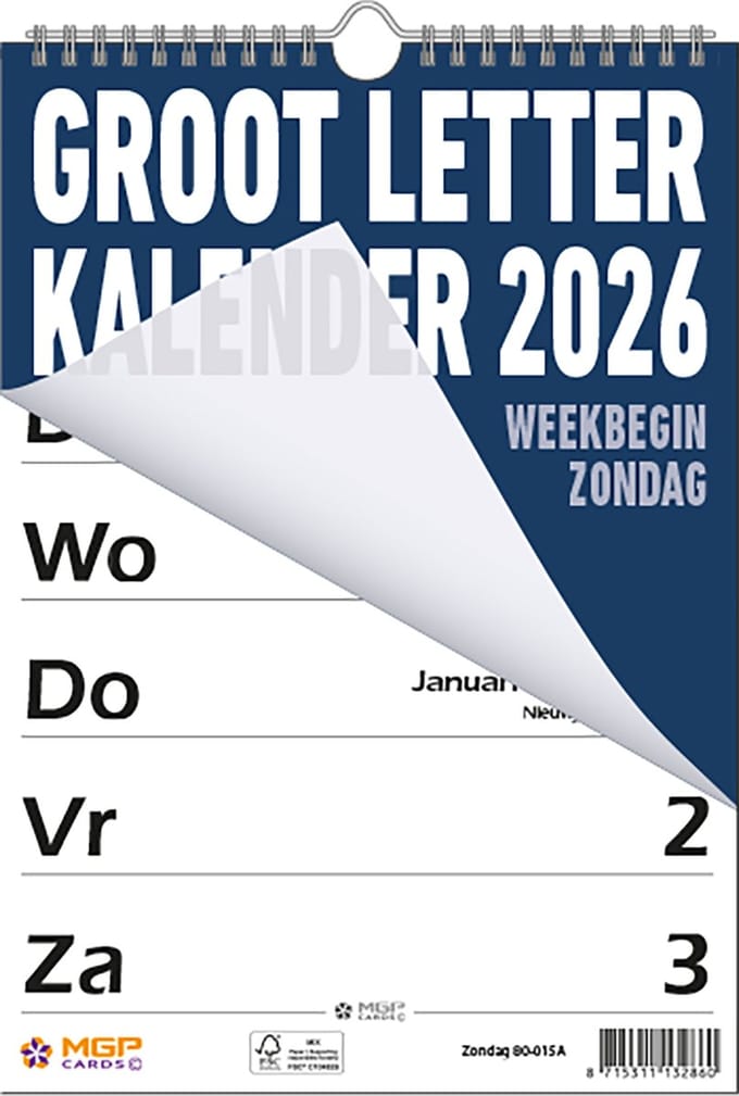 MGPcards - Grootletter kalender 2026 - Grootcijfer kalender - Week Planner - Week begint op zondag - 21 x 34 cm - Donker blauw