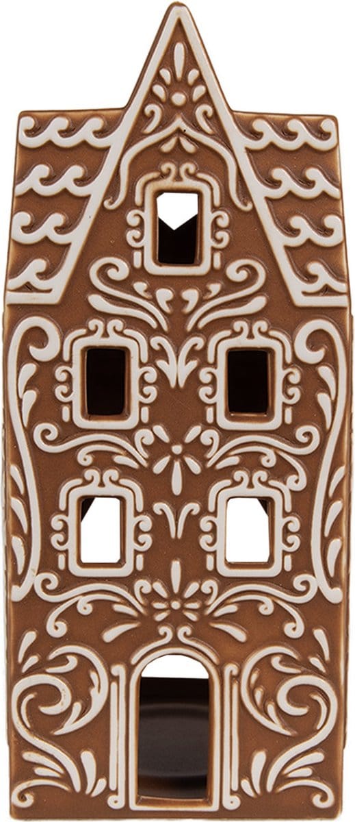 Clayre & Eef Waxinelichthouder Gingerbread house 7x7x17 cm Bruin Porselein