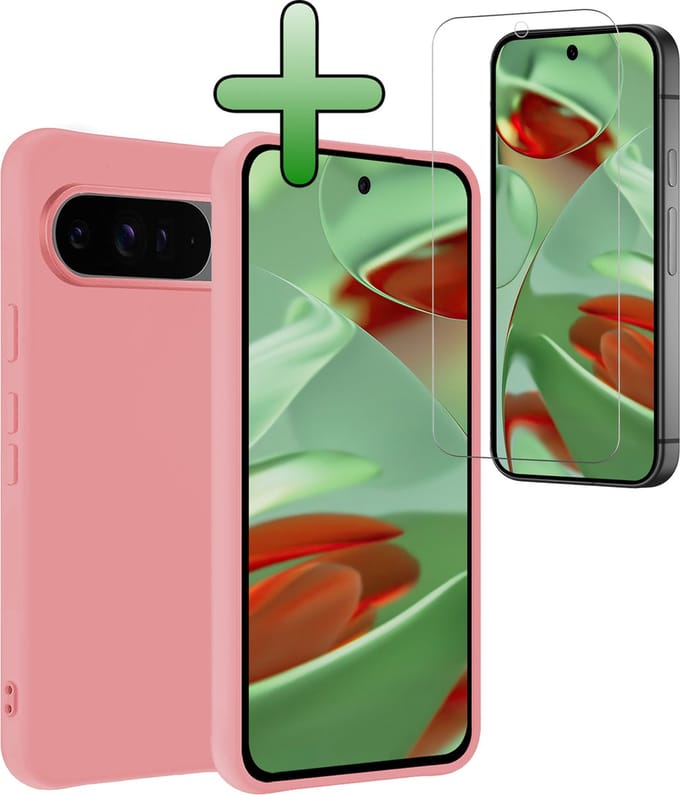 Hoesje Met Screenprotector - Geschikt voor Google Pixel 9 Pro - Sterk & Shockproof - Back Cover - Siliconen Case - Telefoon Hoes - Lichtroze