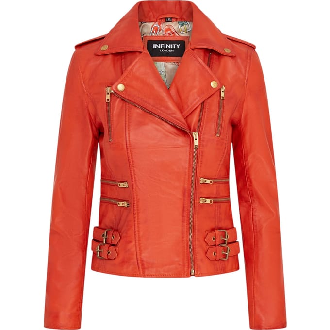 Dames leren oranje Brando bikerjack - Loddon