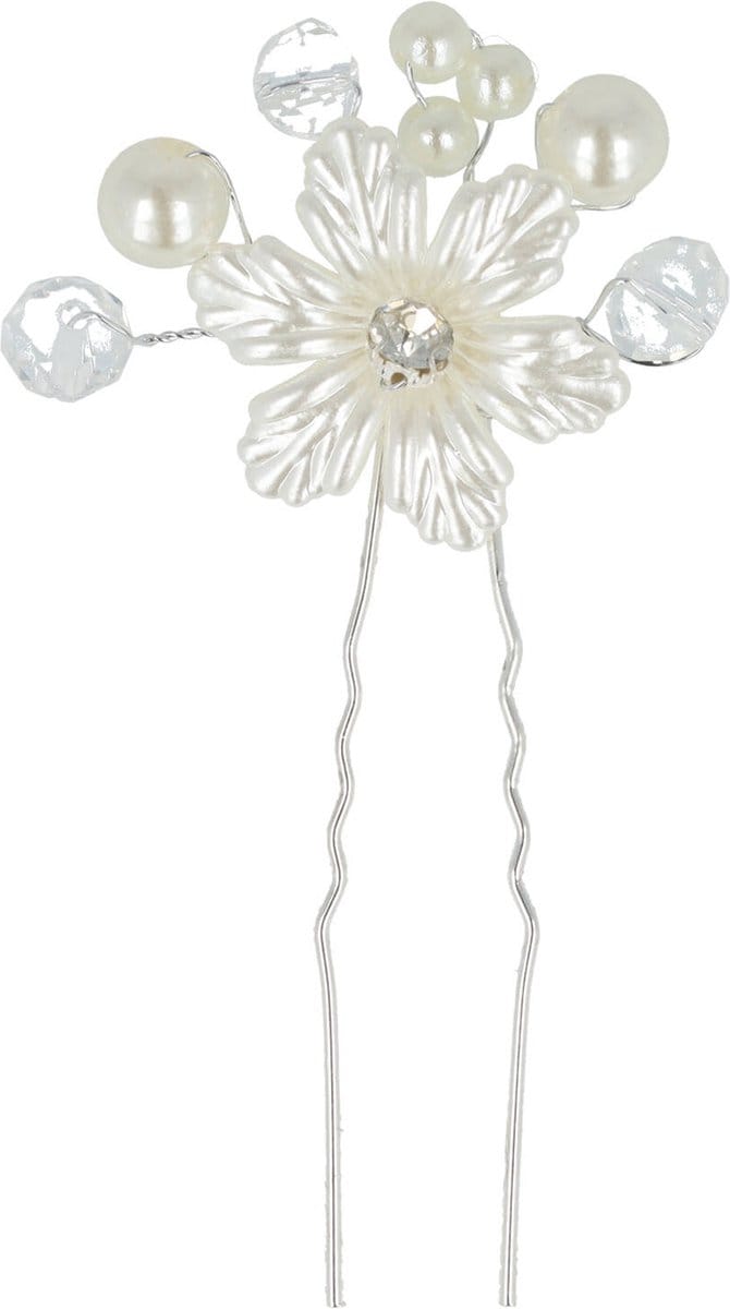 Haarsoires Haarspeld Haarpin 8cm - Bloem Parels Facetkralen - Wit