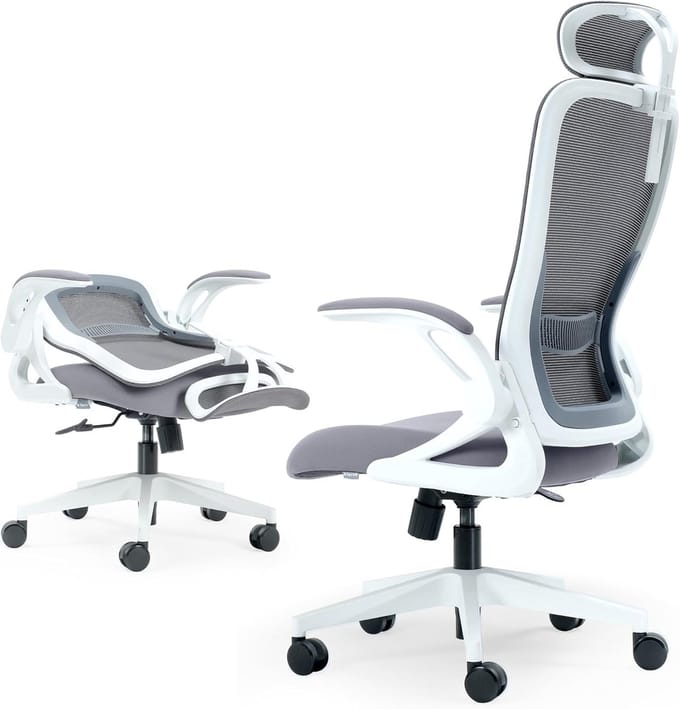 Opvouwbare Bureaustoel - Compact Werkstoel - Thuiswerken Studeren - Ergonomisch Mesh Ontwerp - 20 Min Montage - Wit Grijs