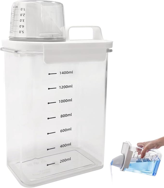 Famanu – Luchtdichte wasmiddeldispenser met maatbeker, 1800 ml multifunctionele voorraaddoos voor wasmiddel en droogvoer