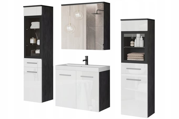 ModernHome Bath - Badkamermeubelset - Mat antraciet corpus - Hoogglans witte fronten - Hangend design