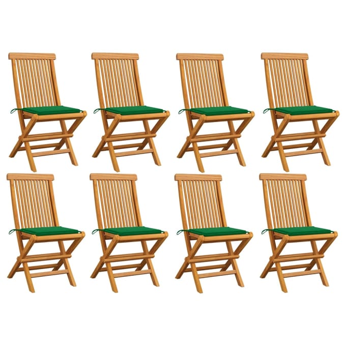 vidaXL - Opklapbare - stoelen - met - groene - kussens, - 8 - stuks, - massief - teakhout