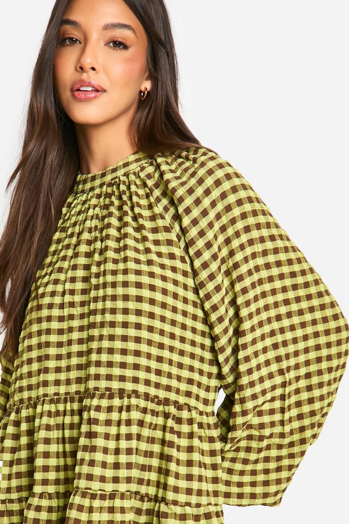 boohoo Dames Textured Check Smock Dress | Green | Maat: 8