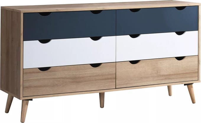 Vente-unique Commode met 6 lades - Kleur: naturel, wit en marineblauw - LURVIA