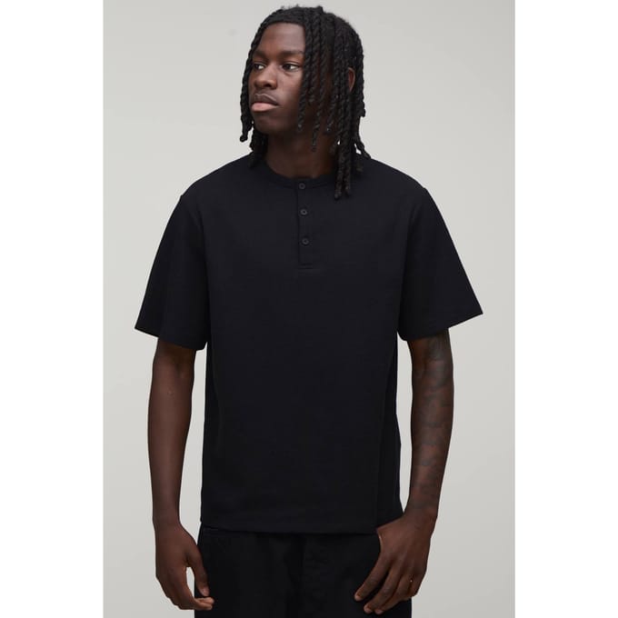Regular Fit Waffle Henley T-Shirt | Black | Size 2XL