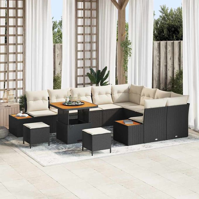 vidaXL - Tuinbank - Set - 12 - st - 11-zits - Zwart - Poly - rattan