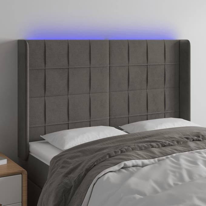 vidaXL - Hoofdbord - LED - 147x16x118/128 - cm - fluweel - donkergrijs
