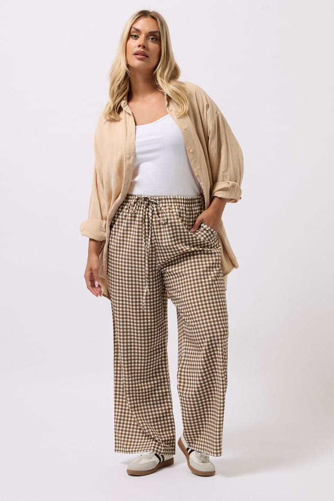 Yours Bruine Gingham Wijde Broek Size 42
