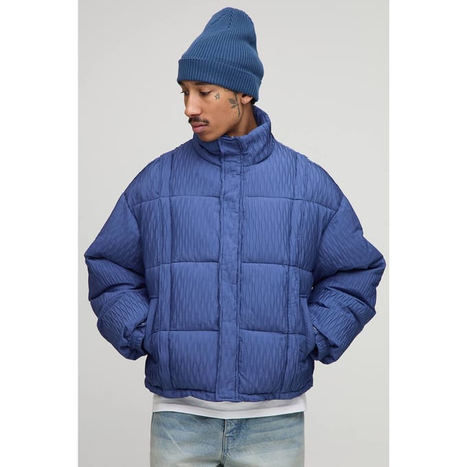 Boxy Fit Textured Pintuck Funnel Neck Puffer Jacket | Blue | Size Medium