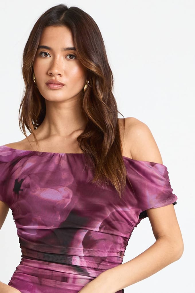 boohoo Dames Off-Shoulder Mesh Maxi Jurk | Burgundy | Maat: 8