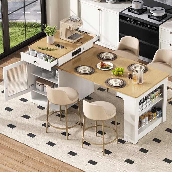 REDOM Eettafel 80 ×71~111~151 ×92 cm (L×W×H), uitschuifbaar, van MDF en glas, wit en naturel