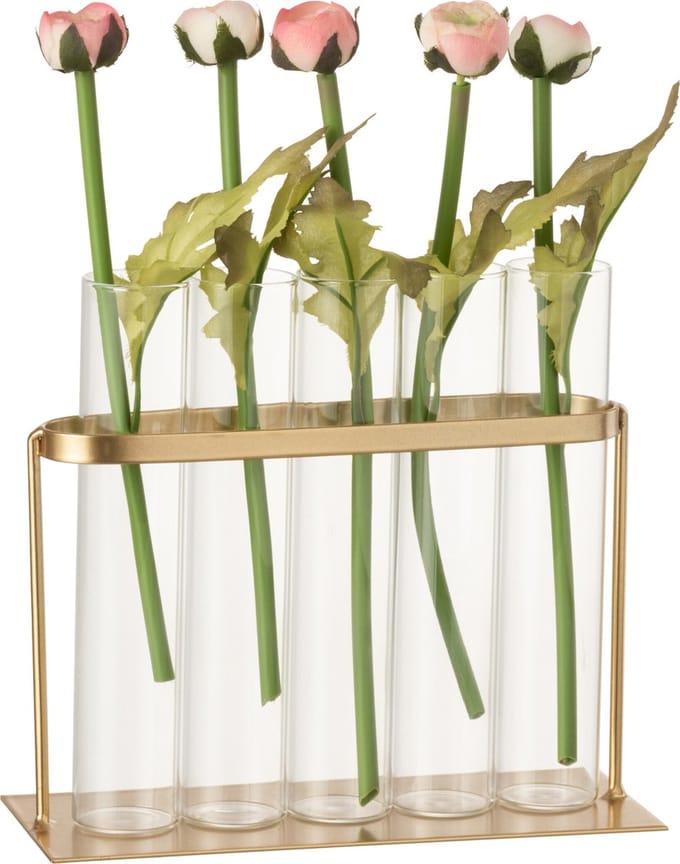 J-Line vaas 5 Tubes - metaal/glas - goud - 15 cm hoog