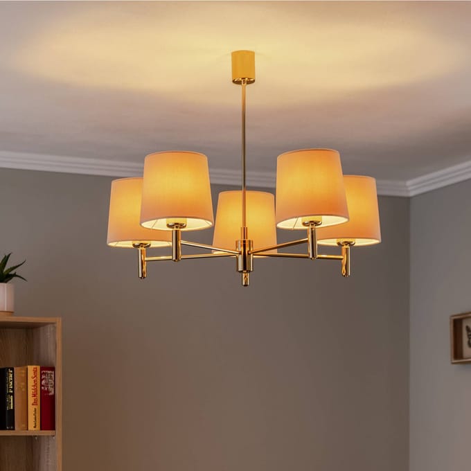 Argon Kroonluchter Polo, 5-lamps, beige/messing donker