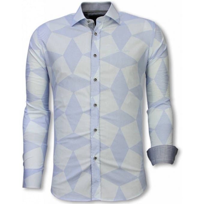 Italiaanse Overhemden - Slim Fit Overhemd - Blouse Line Pattern - Licht Blauw