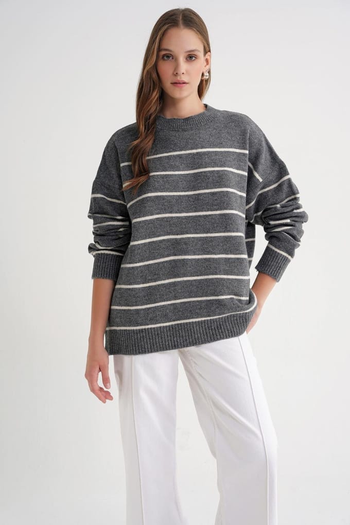 Gestreepte Crewneck Loszittende Gebreide Pullover Trui