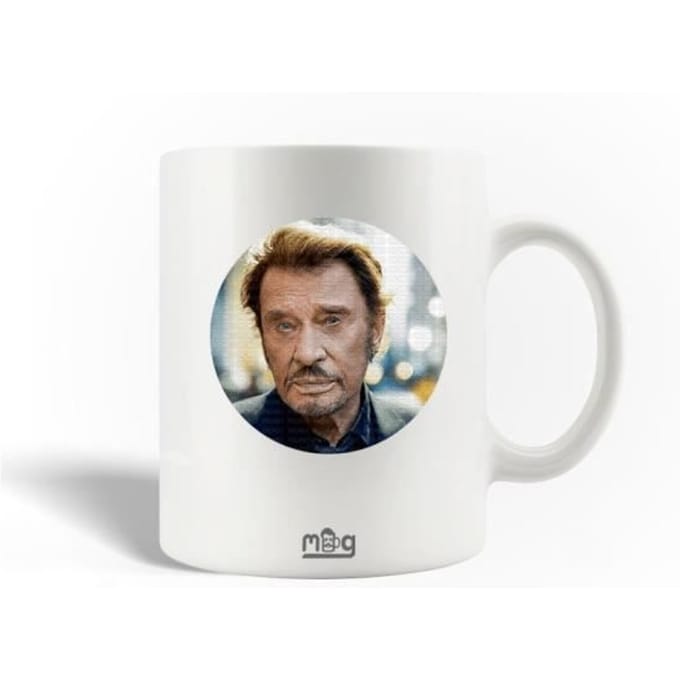 Mug en Céramique - Johnny Hallyday - 30cl - Blanc - Compatible Lave-Vaisselle - Rond