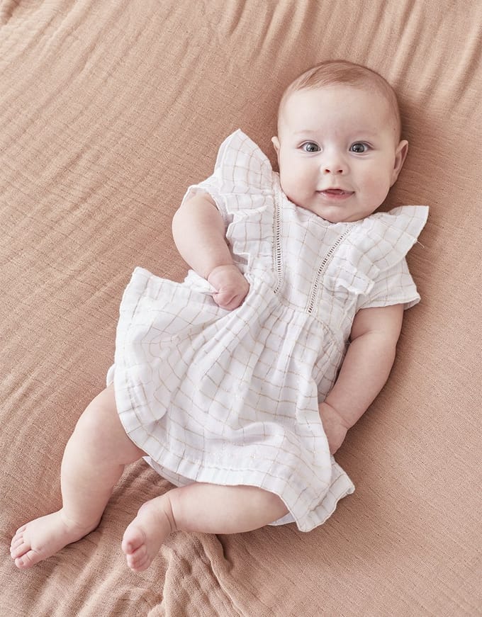 Noukie's - Geruite jurk + bloomer - Wit met lurex - 9 maand / 74