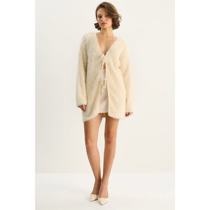 Gestructureerde V-hals Midi Cardigan met Striksluiting