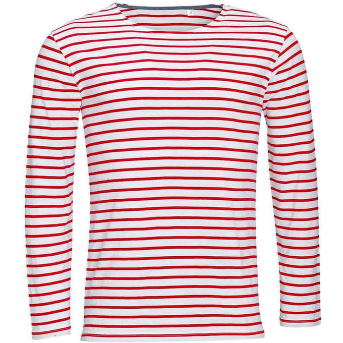 SOLS Heren Marine Gestreept T-shirt met Lange Mouwen (Wit/rood)