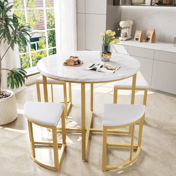 HAUSS SPOLE Eetkamerset 80x80x75cm - Ronde Eettafel met 4 Stoelen - Compact Design - MDF - Wit