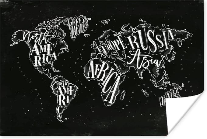Poster Wereldkaart - Simpel - Zwart - Wit - 180x120 cm XXL