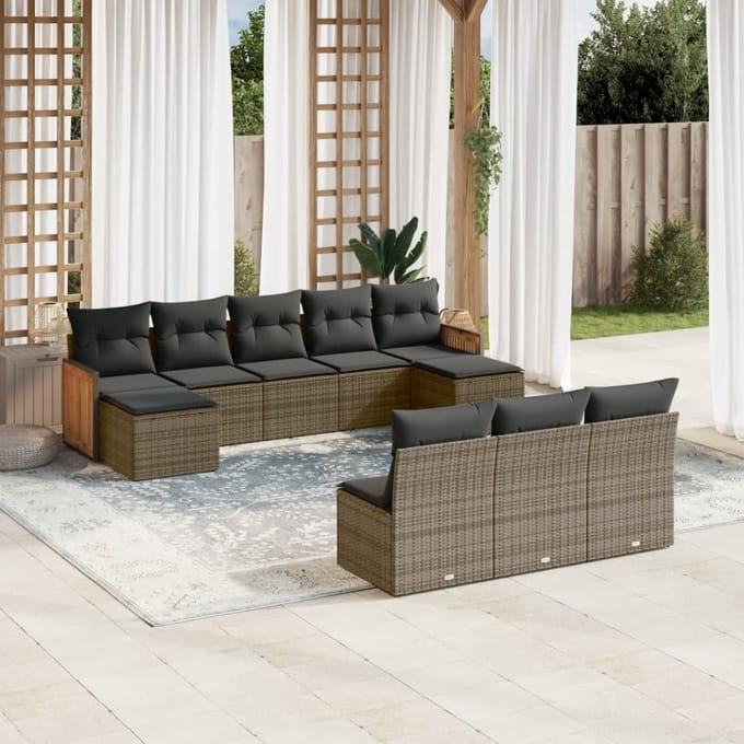 vidaXL - 10-delige - Loungeset - met - kussens - poly - rattan - grijs