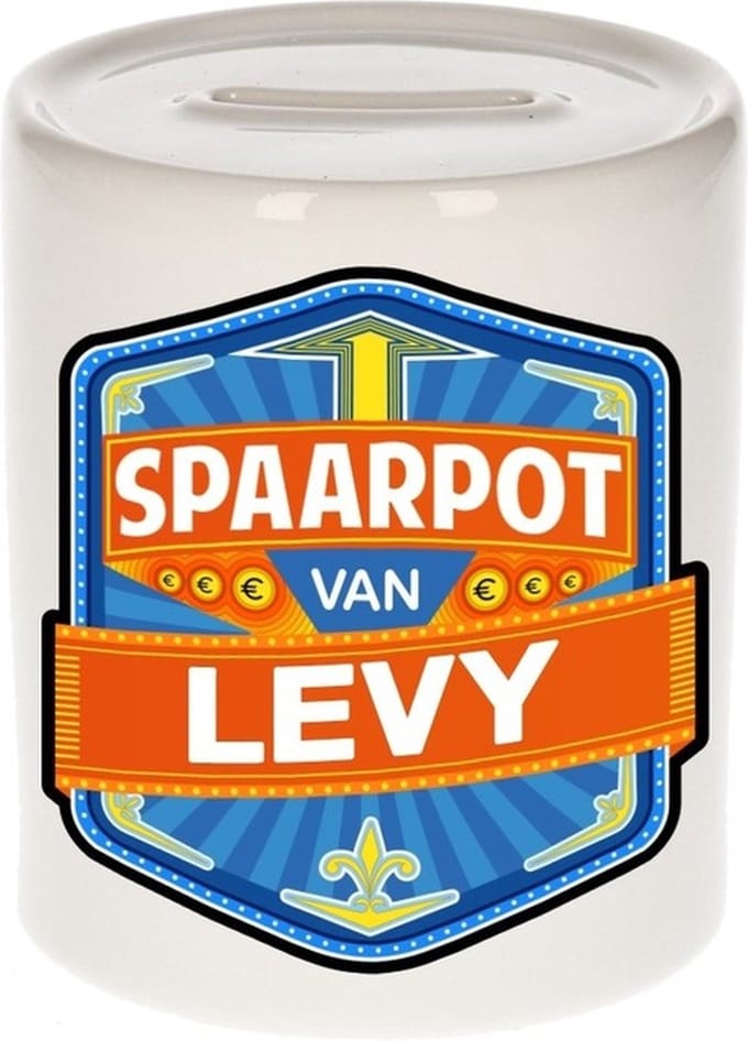 Bellatio Decorations Kinder spaarpot met naam - Levy - keramiek - met dop - wit - Sparen - Spaargeld van Levy