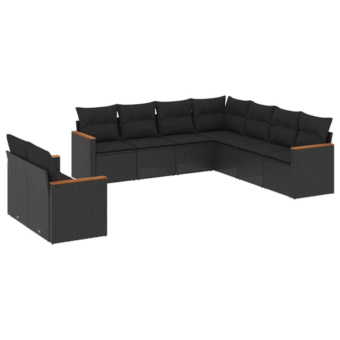 vidaXL - 9-delige - Loungeset - met - kussens - poly - rattan - zwart