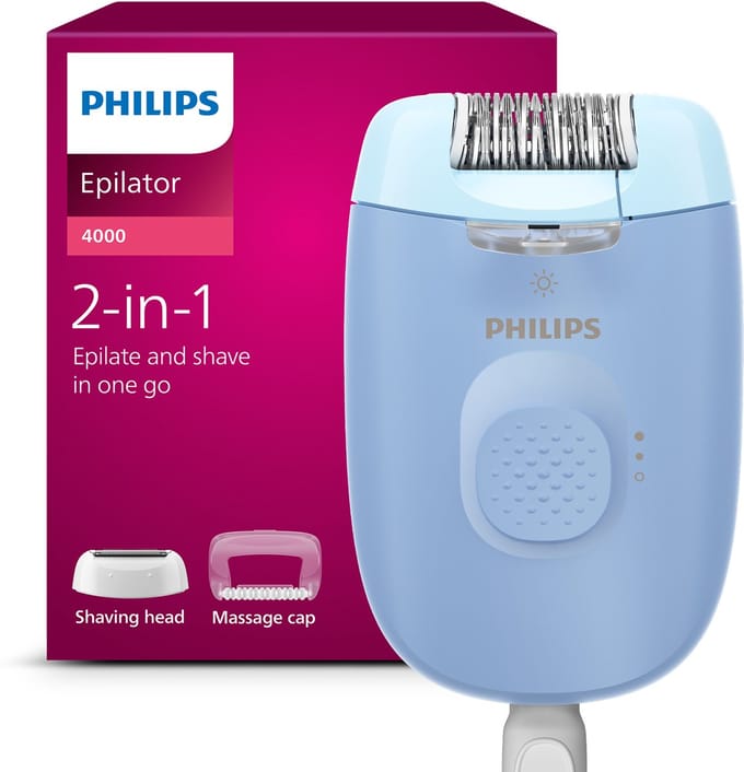 Philips Satinelle Essential BRE247/00 - Epilator met snoer - Inclusief Scheerhoofd, Massagekap en Opbergetui - Wit/Blauw