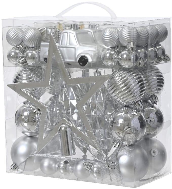Kerstboom decoratie zilver mixbox polystyreen 67-delig.