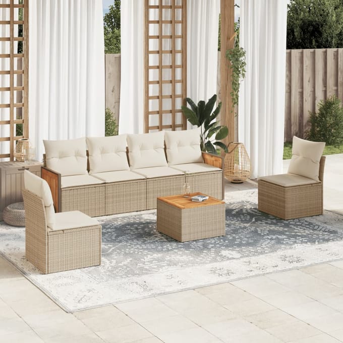 vidaXL - 7-delige - Loungeset - met - kussens - poly - rattan - beige