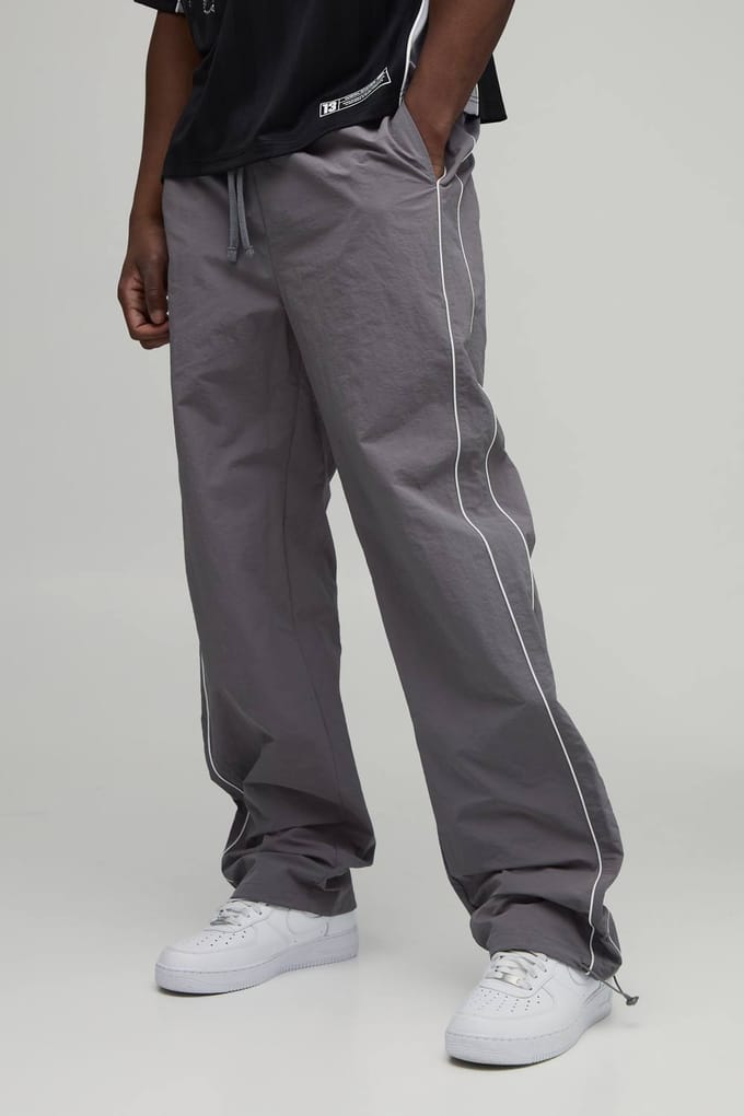 Tall Relaxed Fit Nylon Piping Detail Trousers | Grey | Size Medium