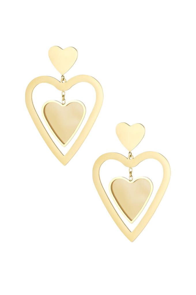 Dubbele hartjesoorbellen - goud/beige
