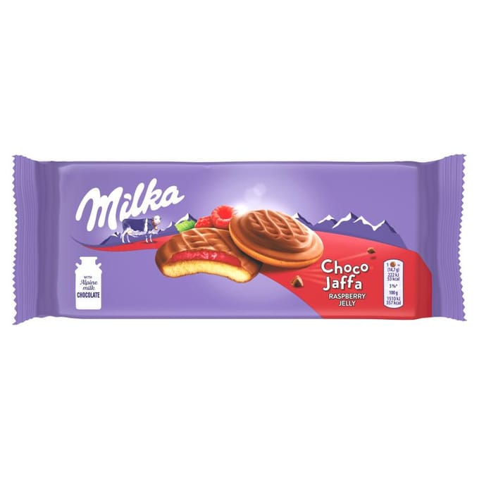 Milka Choco Jaffa Cakejes met frambozengelei omhuld met melkchocolade 147 g