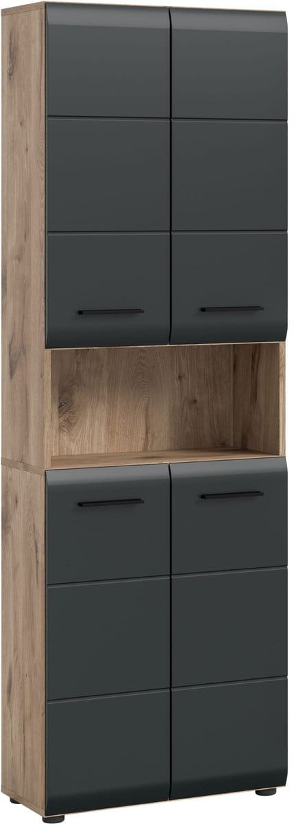 Brede Hoge Kast Badkamer - Zwart Mat en Eiken - Ruime Opbergoplossing