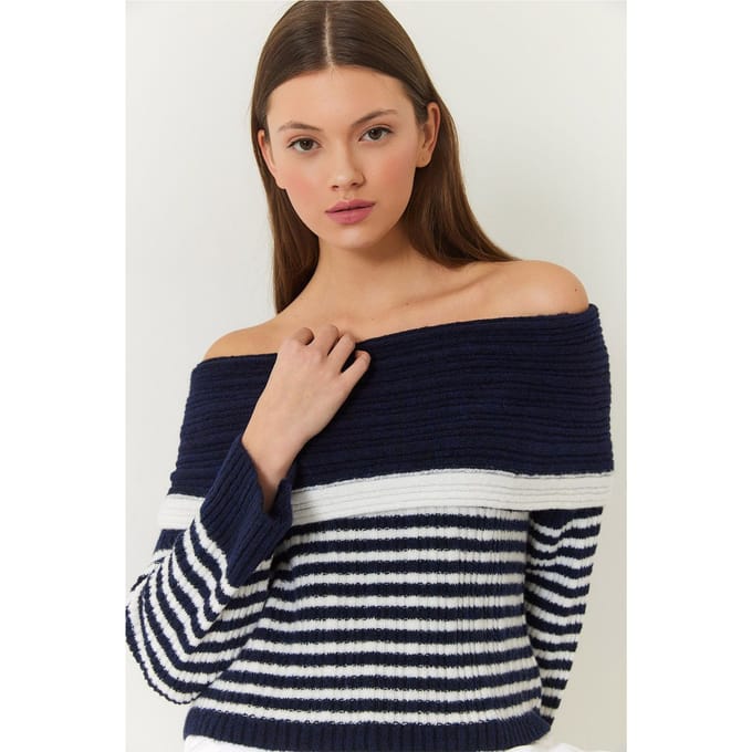 Gestreepte Strapless Brei Sweater