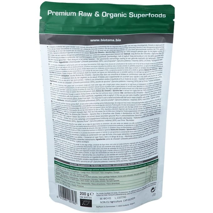 Biotona Chlorella & spirulina raw powder bio 200 Gram