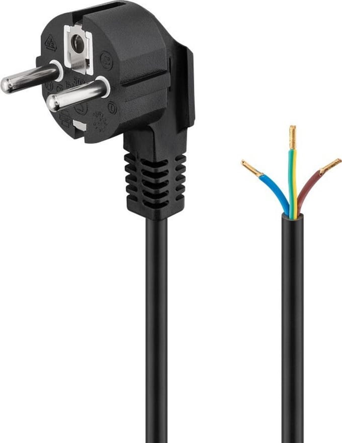 Goobay Haakse contactkabel voor montage, 1,8 m, zwart, hybride stekker met randaarde (type E/F, CEE 7/7) 90° > losse kabeleinden