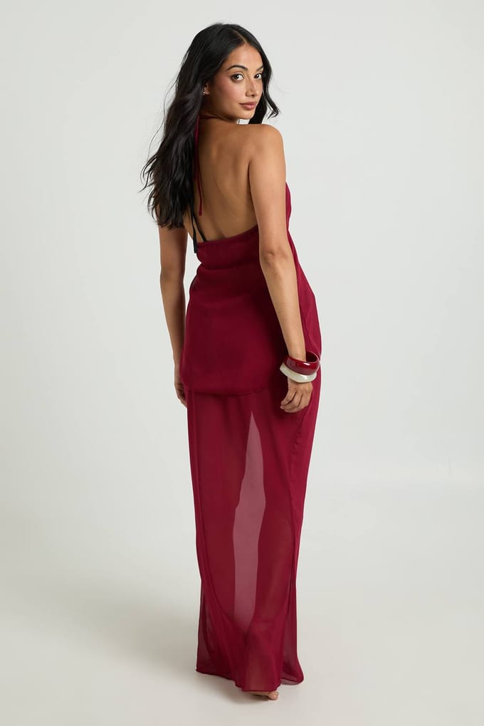 boohoo Dames Haltertop En Maxi Rok Co-ord | Bordeaux Rood | Maat: 44