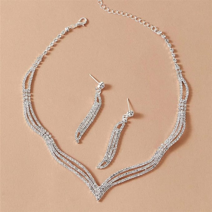 Ensemble collier et boucles d'oreilles pour robe de mariée vintage, accessoires élégants pour dîner argenté