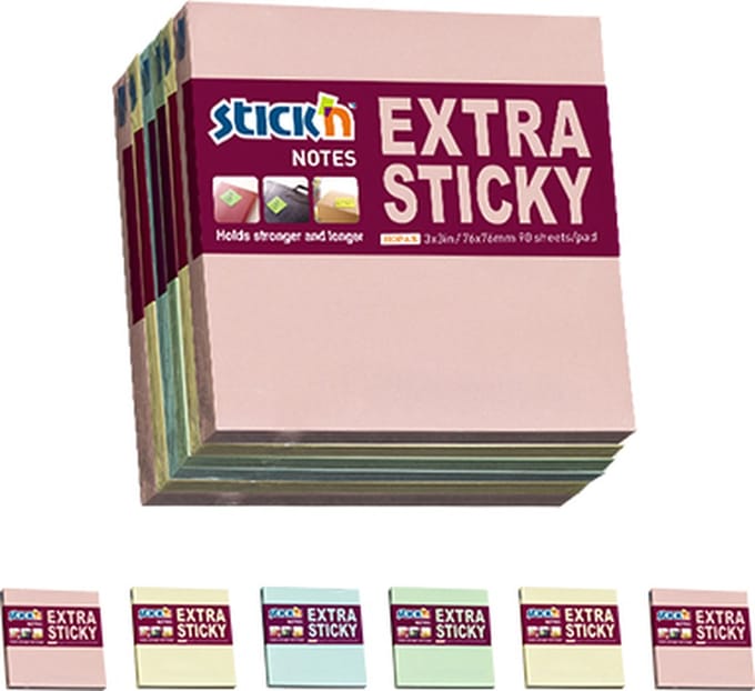 Stick'n Sticky Notes - 6-pack - 76x76mm - Pastel - 90 Memoblaadjes per blok - Extra sticky
