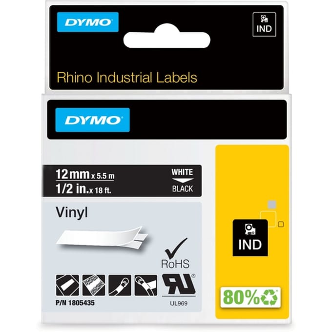 DYMO Rhino industriële Vinyl Labels | 12 mm x 5,5 m | witte afdruk op zwart | zelfklevende labels voor Rhino & LabelManager labelprinters