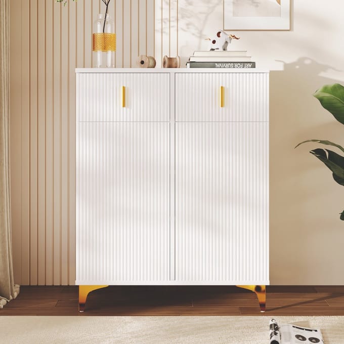 Sweiko Zijkast, Ladekast, Opbergkast, met Gestructureerde Panelen, Verstelbare planken en vergulde decoraties, met lades, Wit