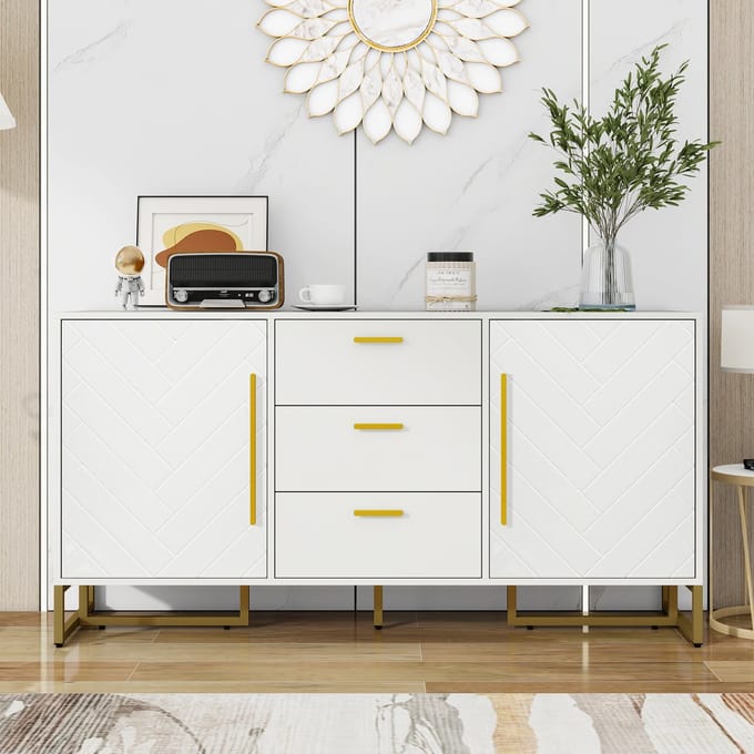 REDOM - Dressoir - Visgraatpatroon En 3 Laden - Modern - Voor Woonkamer - MDF - Wit