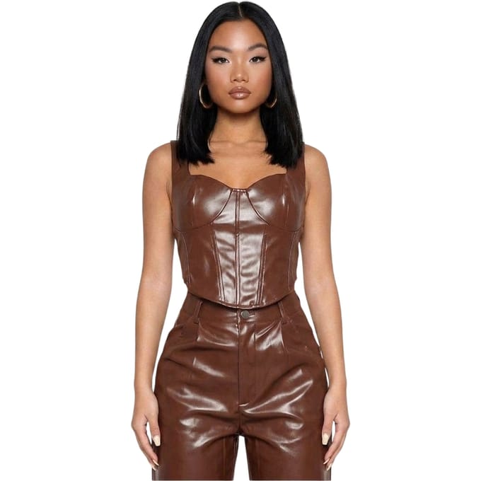 Missy Empire Dames/Dames PU Korset Top (Bruin)